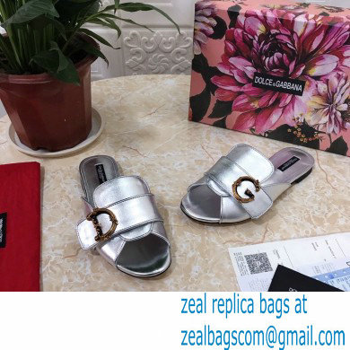 Dolce  &  Gabbana Leather Flat Sliders Silver With Baroque D & G Logo 2021